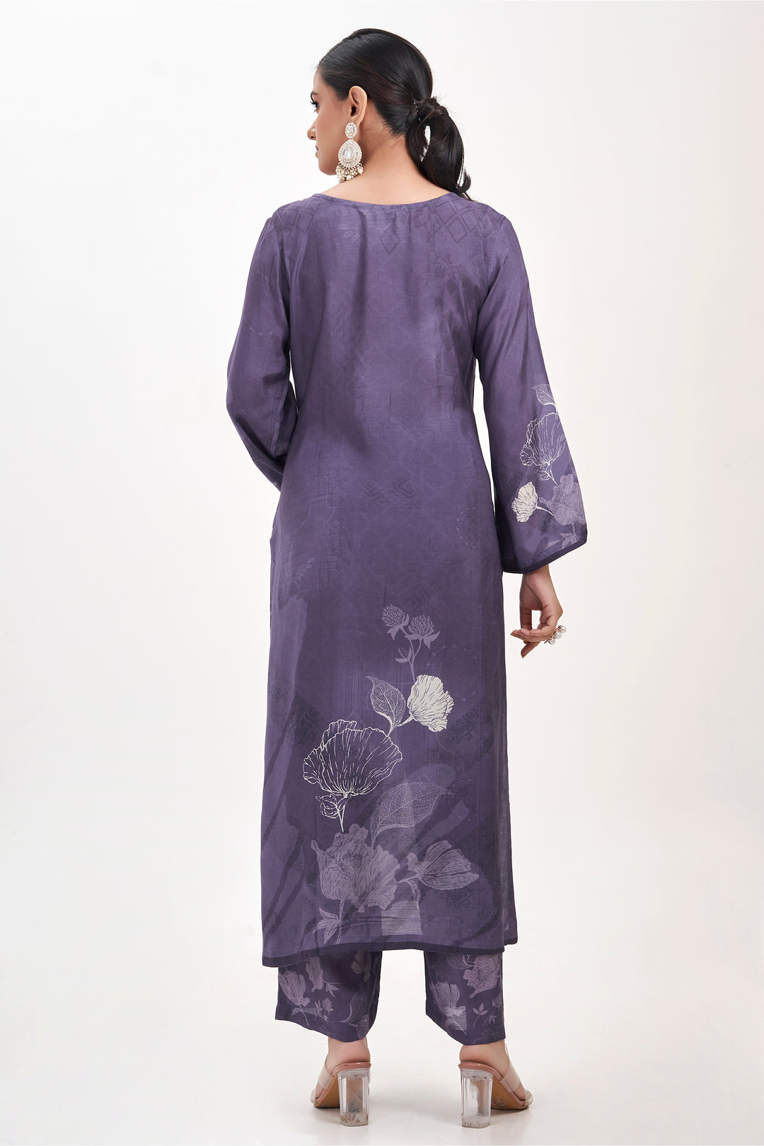 Floral Printed Kurta & Pant - Hand Embroidered - Set of 2 - Blue - Muslin Silk