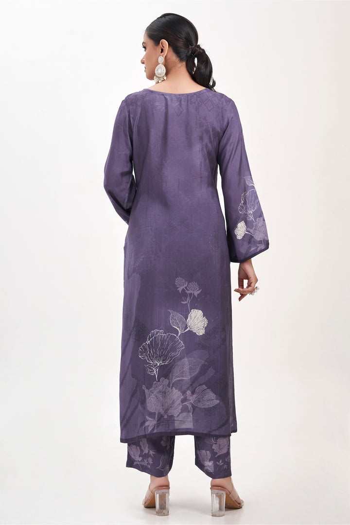 Floral Printed Kurta & Pant - Hand Embroidered - Set of 2 - Blue - Muslin Silk