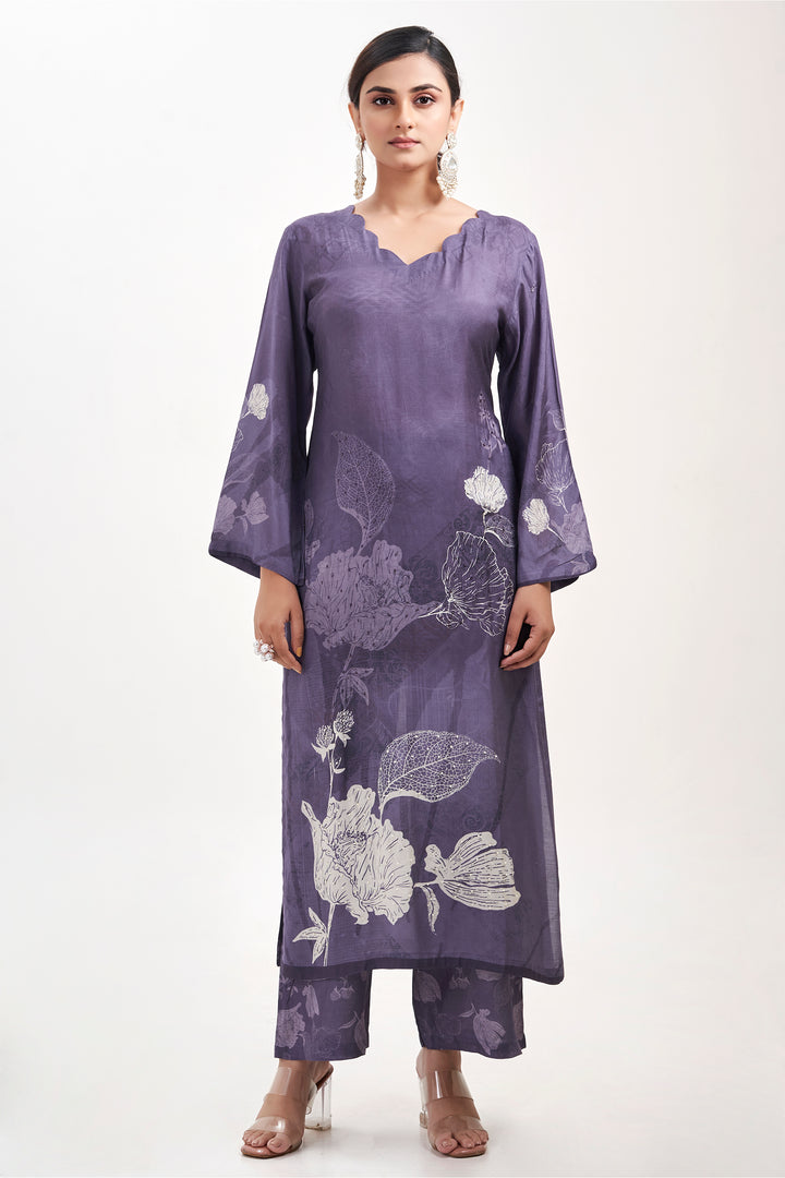 Floral Printed Kurta & Pant - Hand Embroidered - Set of 2 - Blue - Muslin Silk