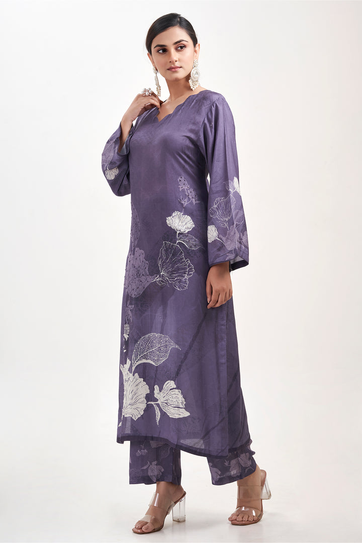 Floral Printed Kurta & Pant - Hand Embroidered - Set of 2 - Blue - Muslin Silk