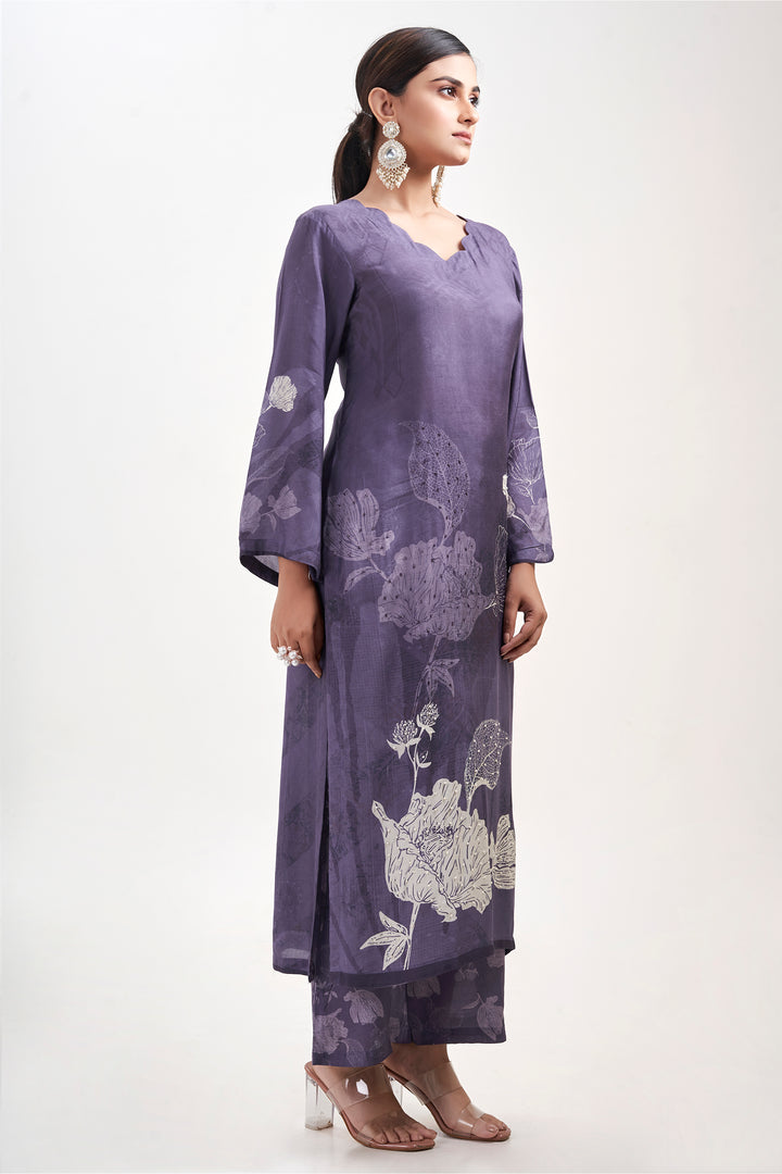 Floral Printed Kurta & Pant - Hand Embroidered - Set of 2 - Blue - Muslin Silk