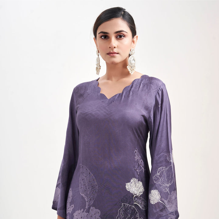 Floral Printed Kurta & Pant - Hand Embroidered - Set of 2 - Blue - Muslin Silk