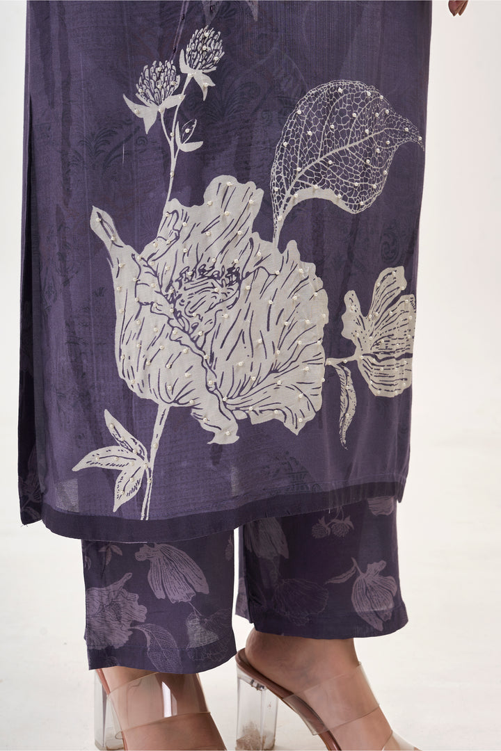 Floral Printed Kurta & Pant - Hand Embroidered - Set of 2 - Blue - Muslin Silk