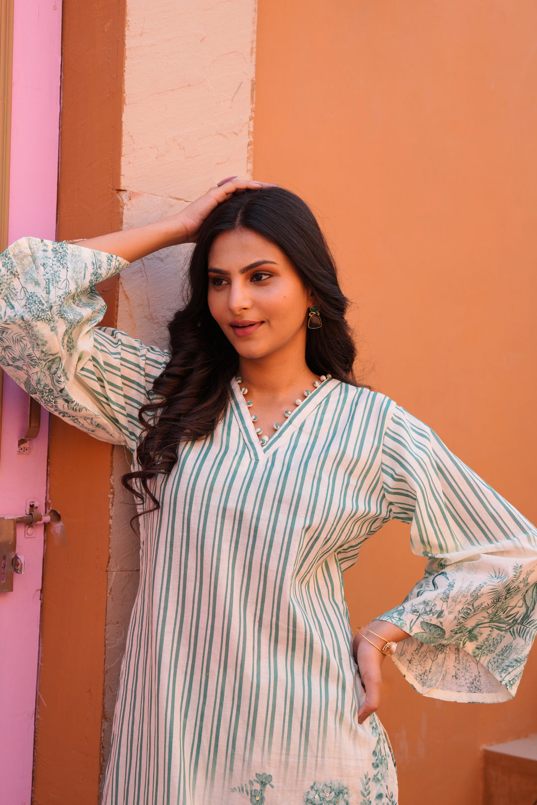 Printed Cotton Kurta & Pant - Hand Embroidered - Set of 2 - White Base