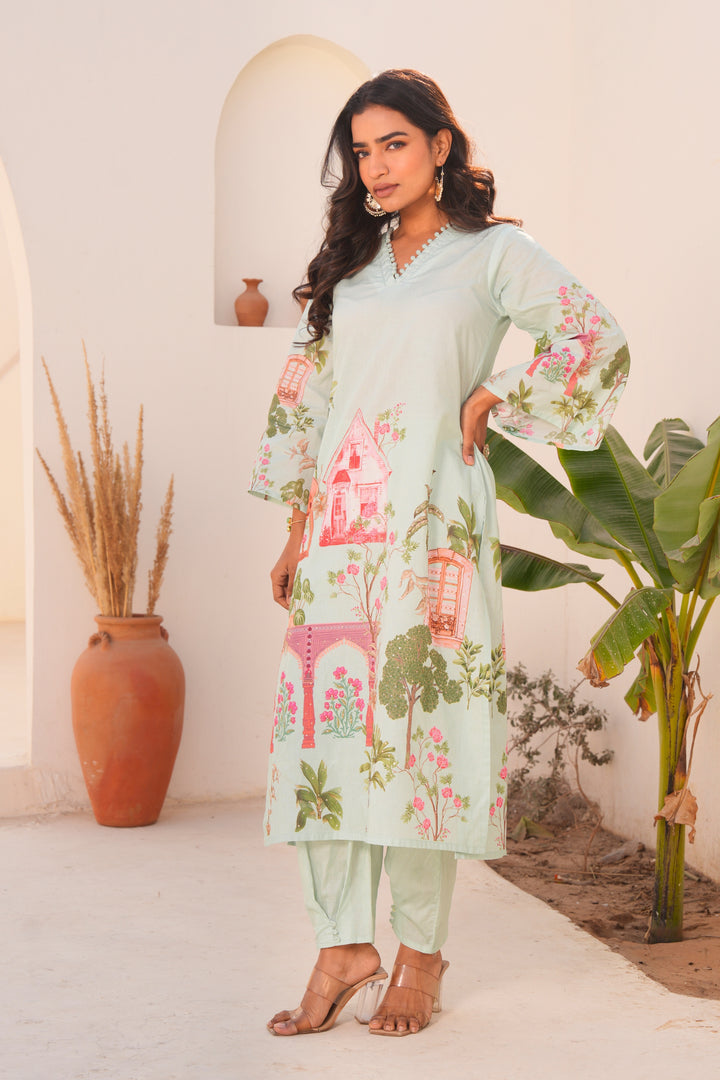 Printed Cotton Kurta & Pant - Hand Embroidered - Set of 2 - Mint Green