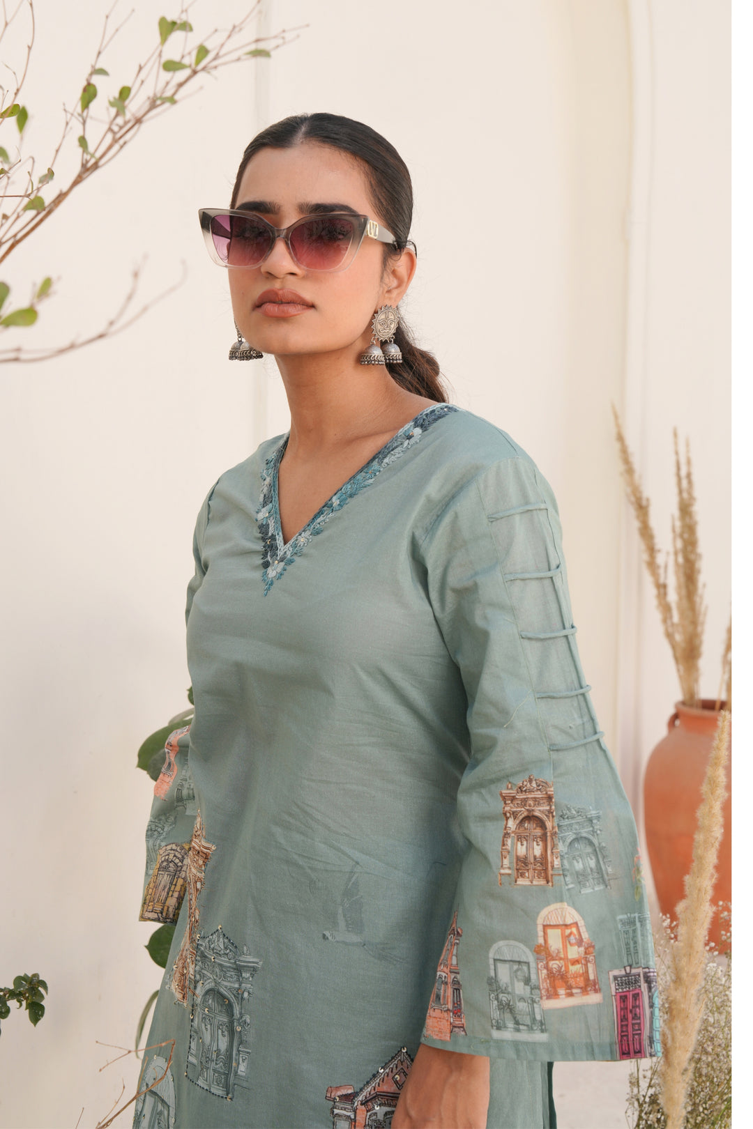 Printed Cotton Kurta & Pant - Hand Embroidered - Set of 2 - Dusty Green