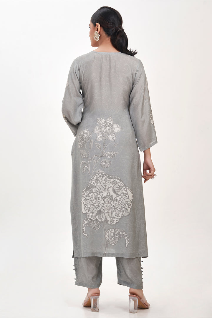 Floral Printed Kurta & Pant - Hand Embroidered - Set of 2 - Grey - Muslin Silk