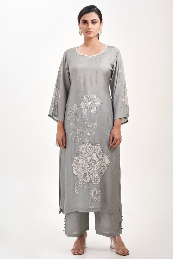 Floral Printed Kurta & Pant - Hand Embroidered - Set of 2 - Grey - Muslin Silk