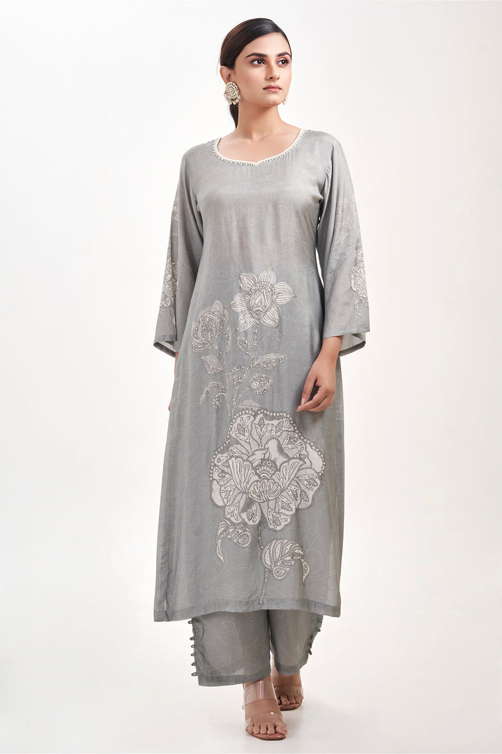 Floral Printed Kurta & Pant - Hand Embroidered - Set of 2 - Grey - Muslin Silk