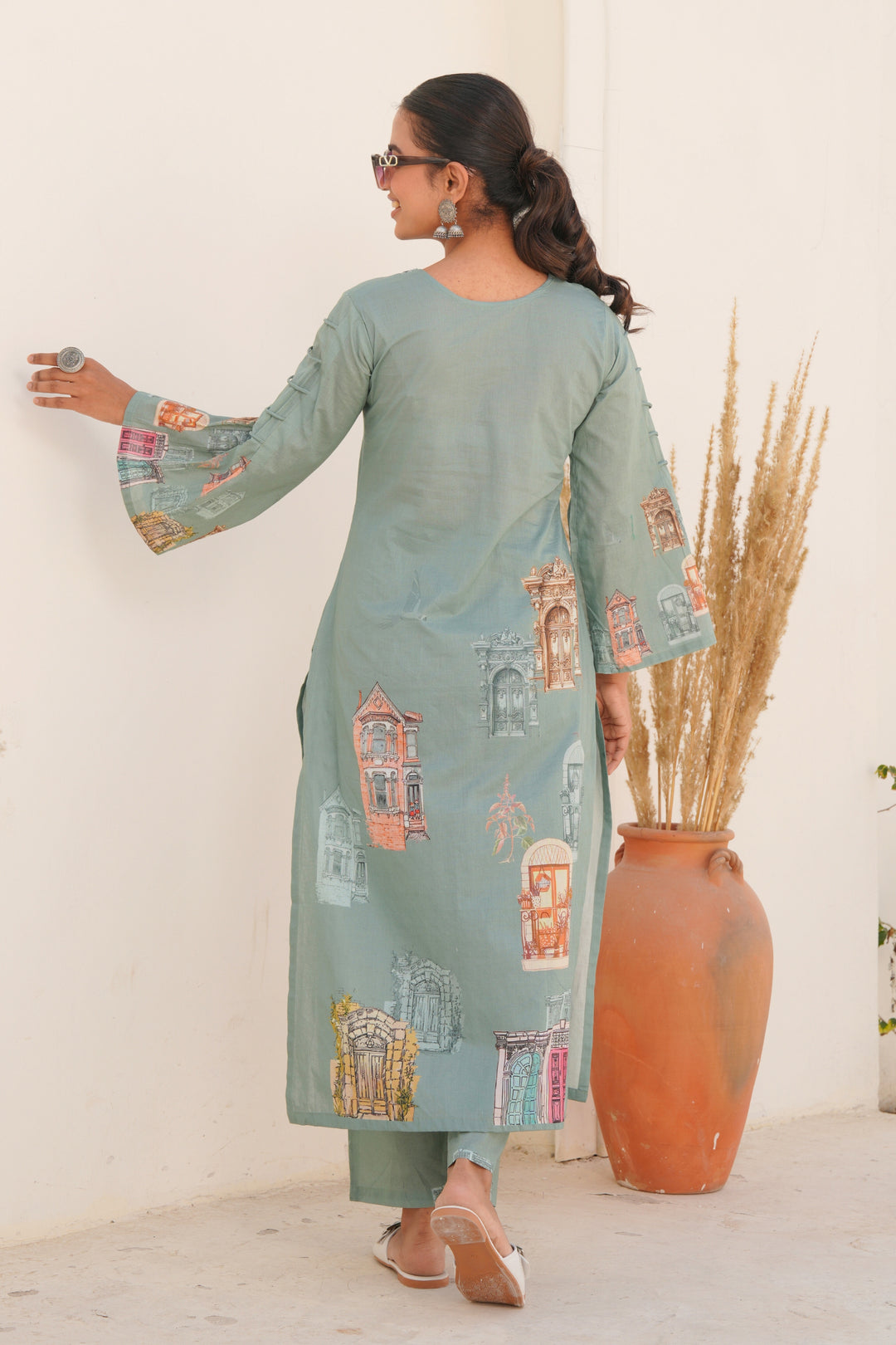 Printed Cotton Kurta & Pant - Hand Embroidered - Set of 2 - Dusty Green