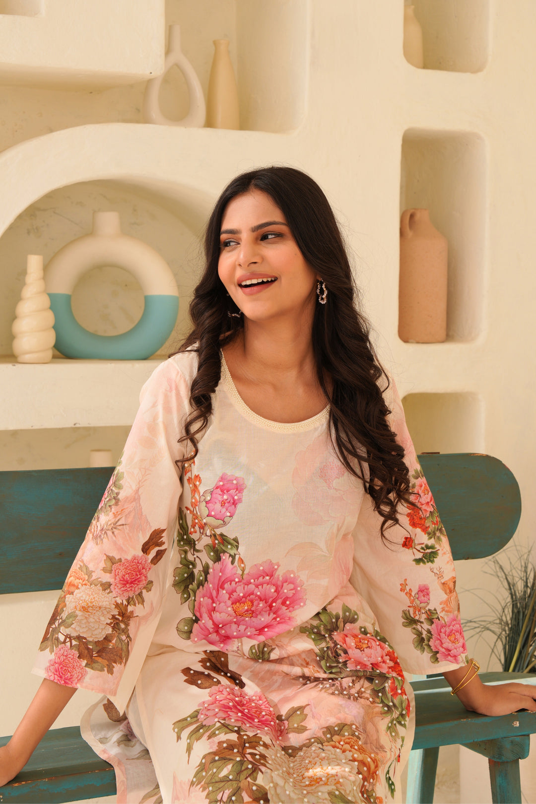 Printed Cotton Kurta & Pant - Hand Embroidered- Set of 2 - Off White