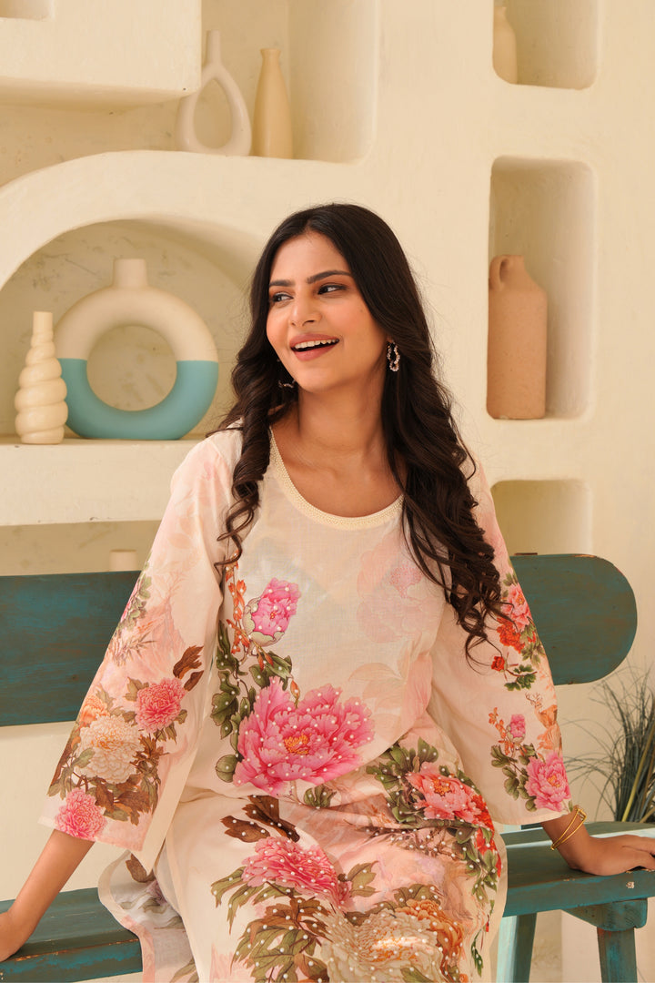 Printed Cotton Kurta & Pant - Hand Embroidered- Set of 2 - Off White