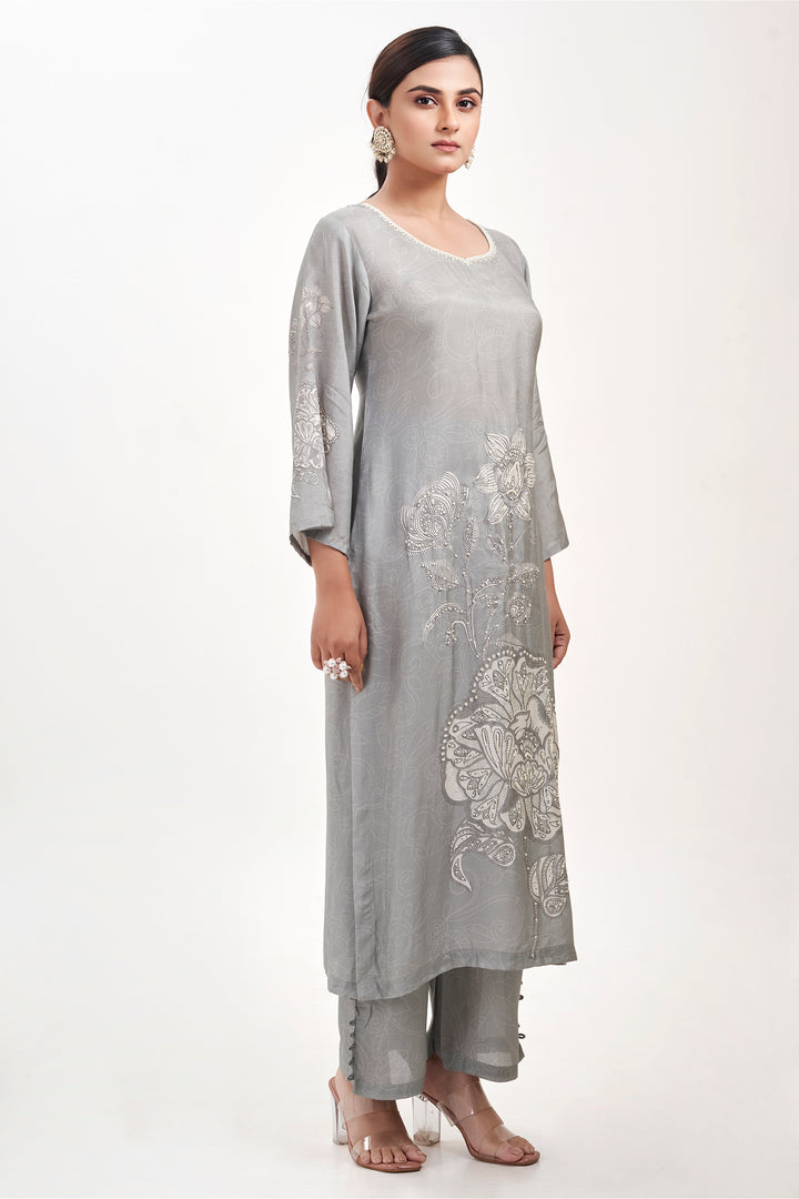 Floral Printed Kurta & Pant - Hand Embroidered - Set of 2 - Grey - Muslin Silk
