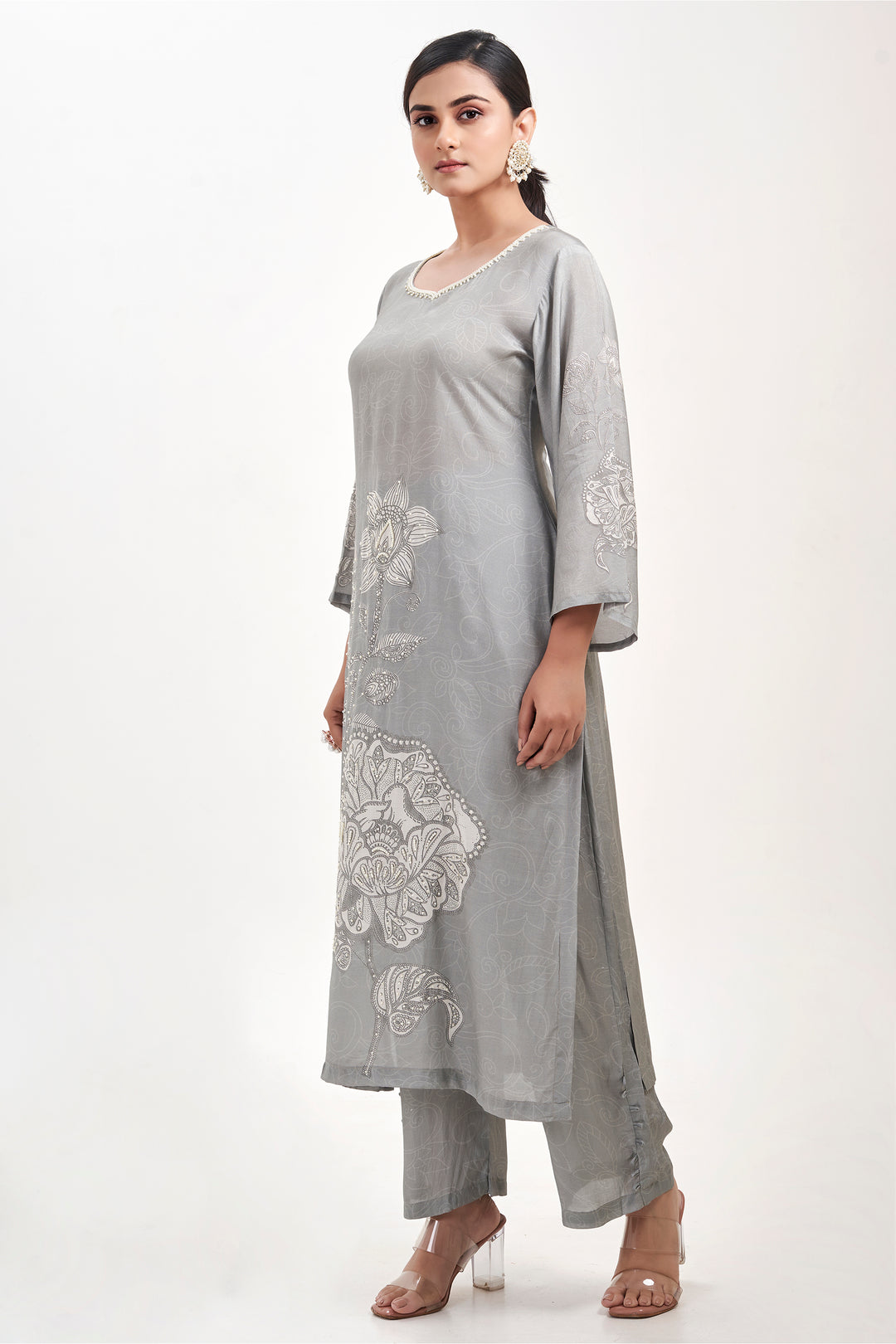 Floral Printed Kurta & Pant - Hand Embroidered - Set of 2 - Grey - Muslin Silk