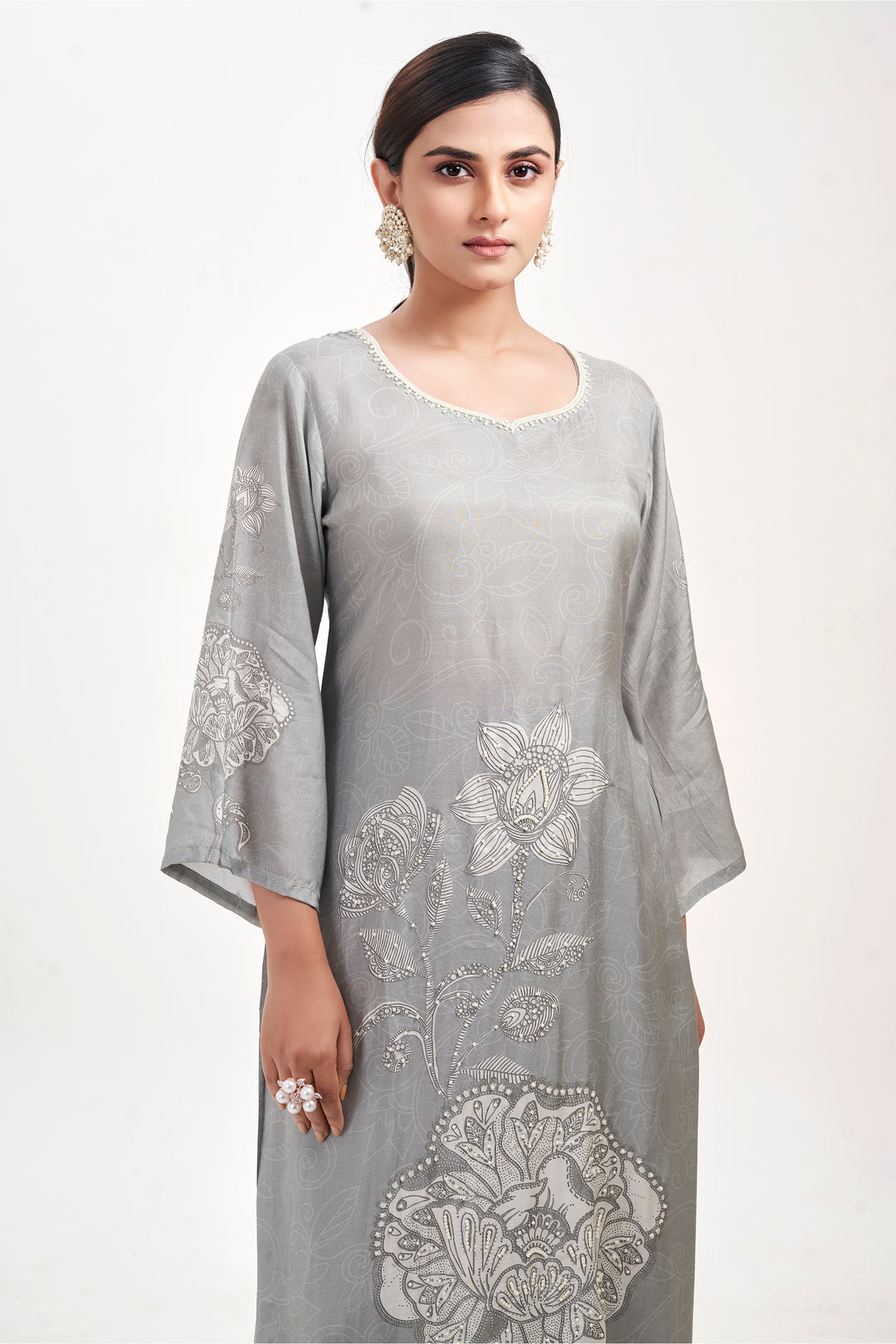 Floral Printed Kurta & Pant - Hand Embroidered - Set of 2 - Grey - Muslin Silk