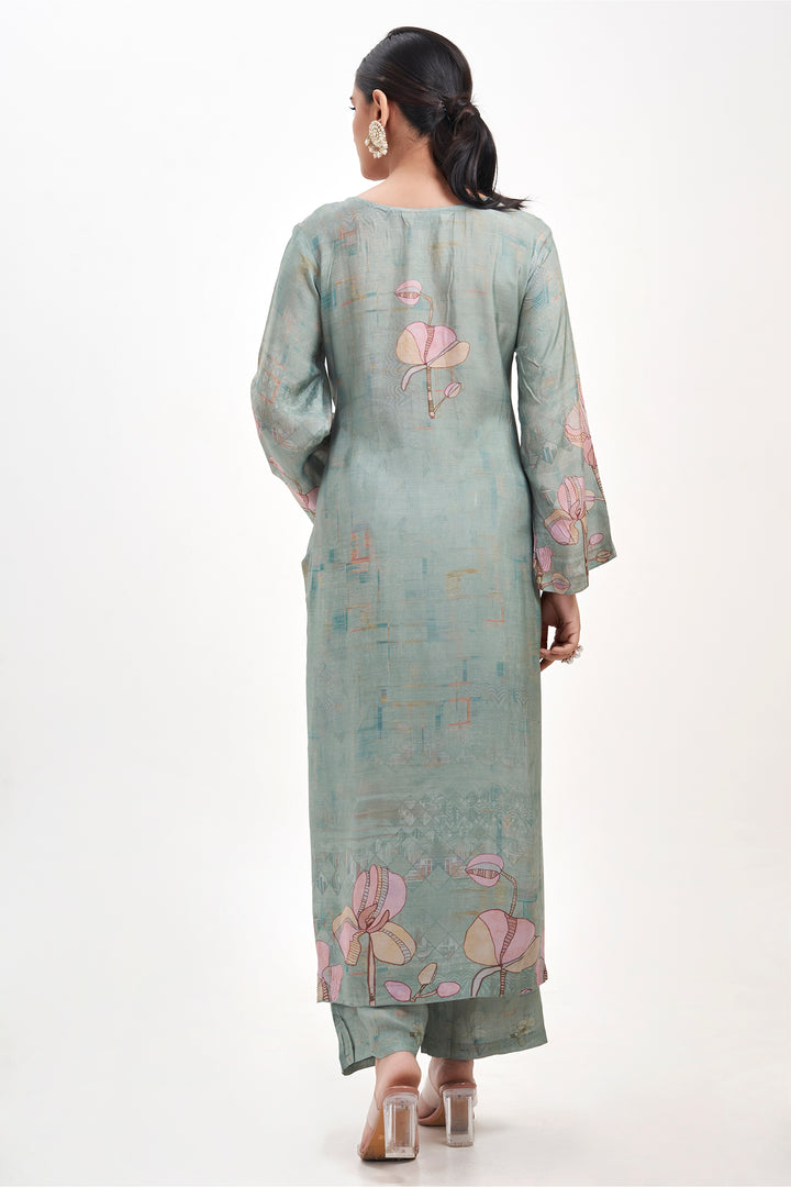 Floral Printed Kurta & Pant - Hand Embroidered - Set of 2 - Dusty Green - Muslin Silk