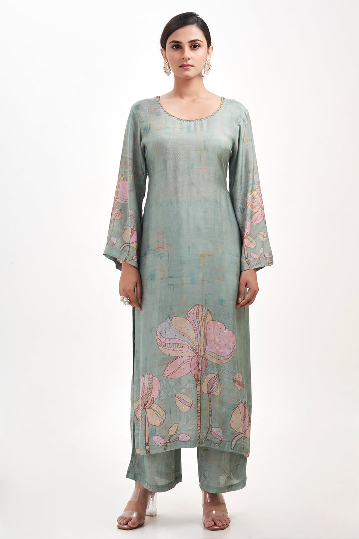 Floral Printed Kurta & Pant - Hand Embroidered - Set of 2 - Dusty Green - Muslin Silk