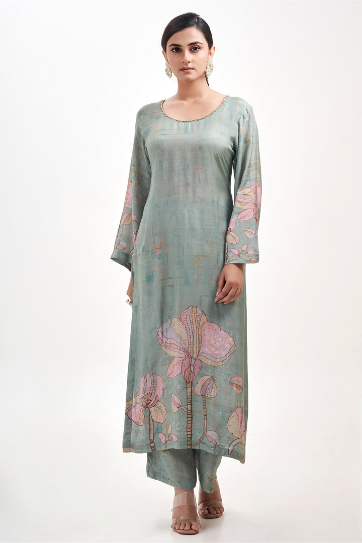 Floral Printed Kurta & Pant - Hand Embroidered - Set of 2 - Dusty Green - Muslin Silk