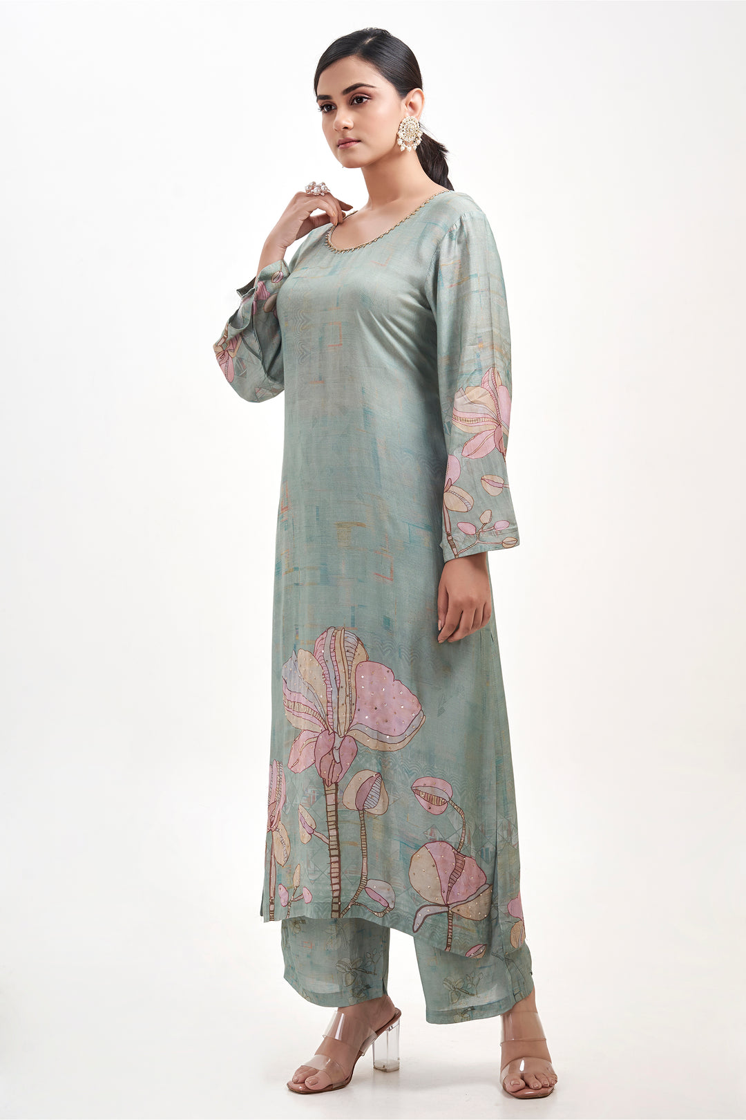 Floral Printed Kurta & Pant - Hand Embroidered - Set of 2 - Dusty Green - Muslin Silk