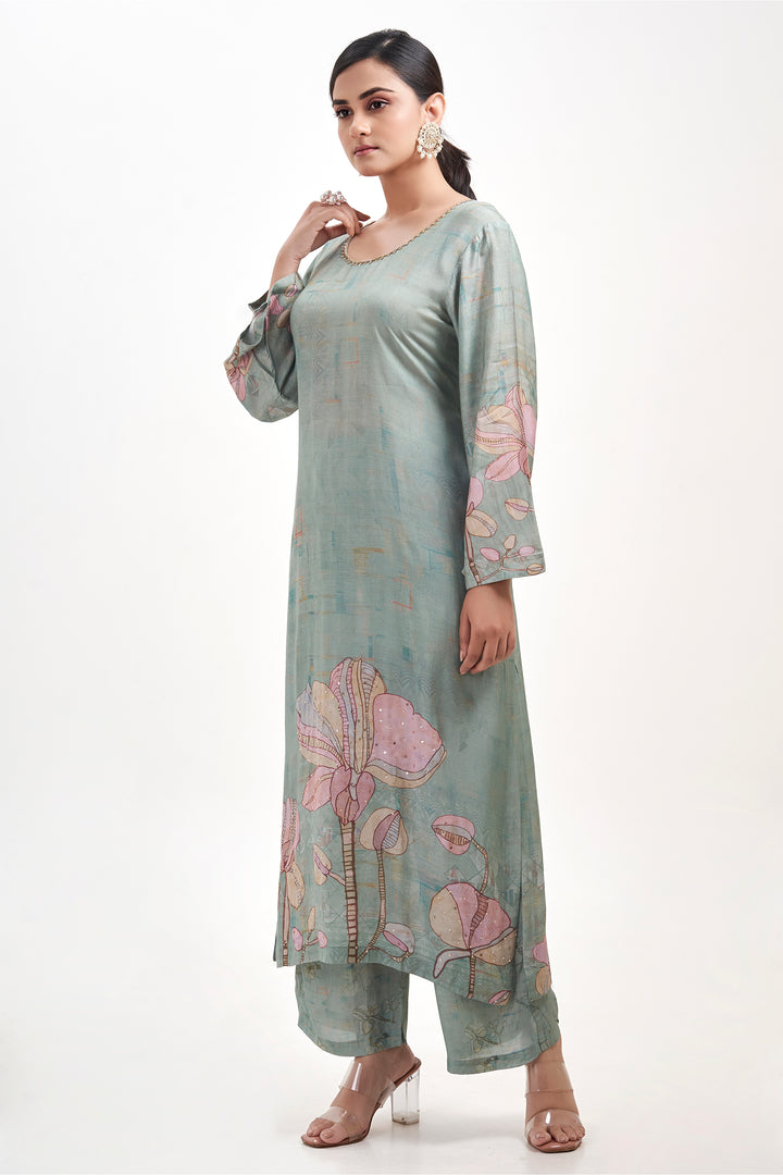 Floral Printed Kurta & Pant - Hand Embroidered - Set of 2 - Dusty Green - Muslin Silk