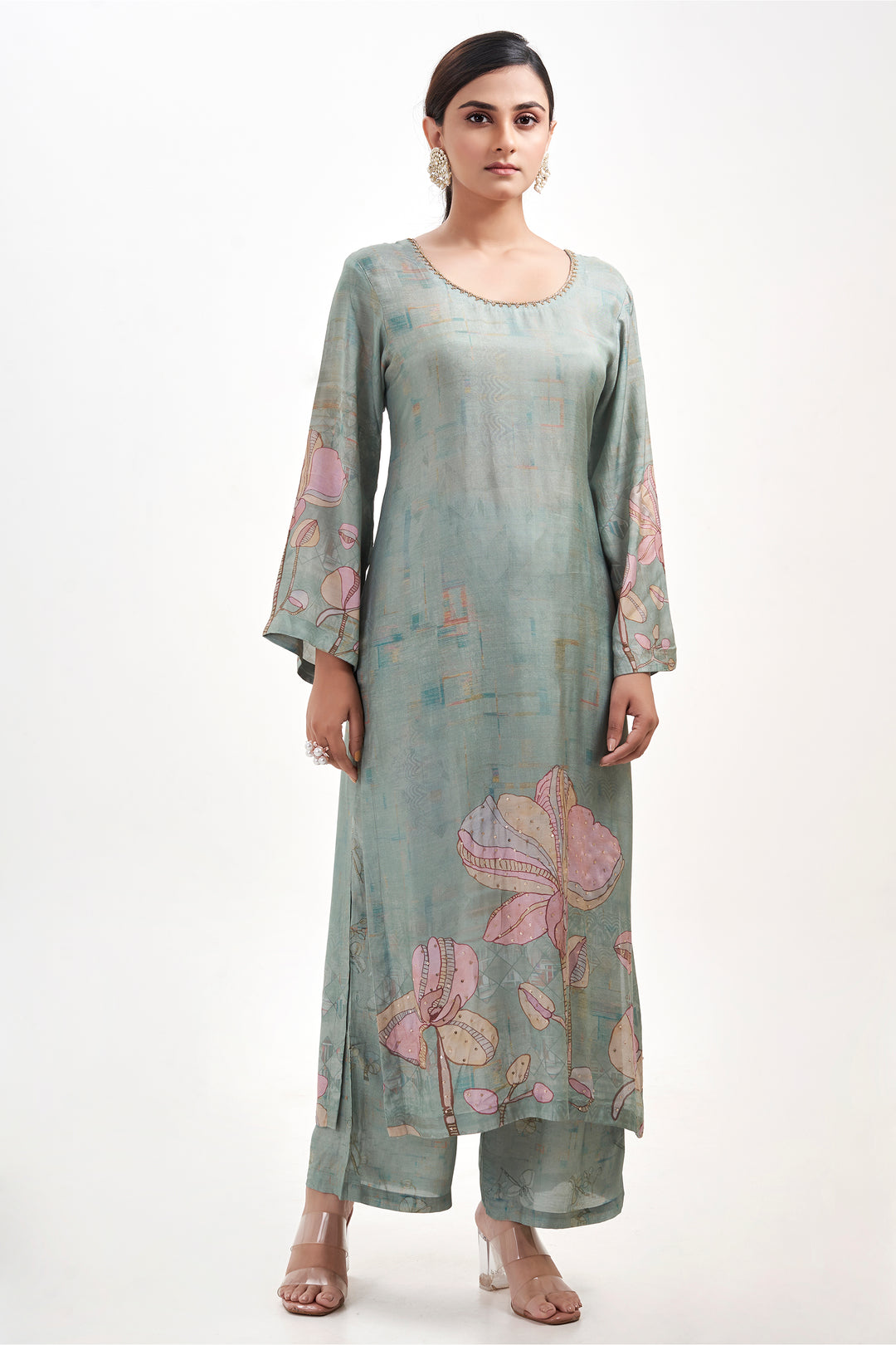 Floral Printed Kurta & Pant - Hand Embroidered - Set of 2 - Dusty Green - Muslin Silk