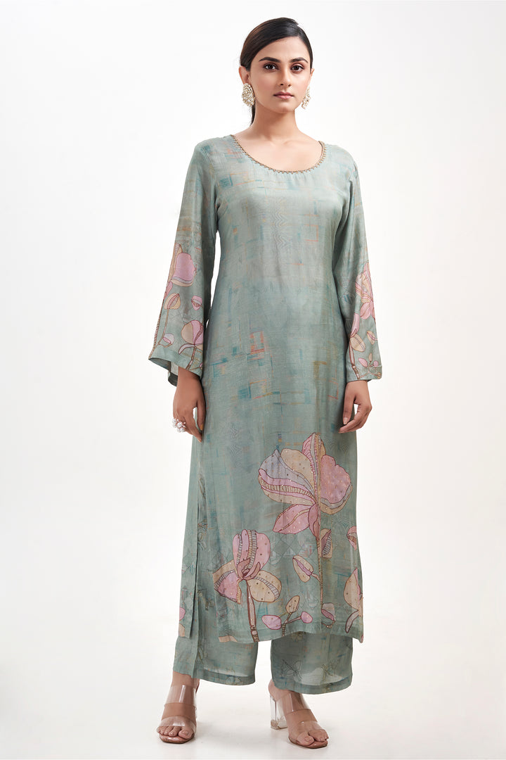 Floral Printed Kurta & Pant - Hand Embroidered - Set of 2 - Dusty Green - Muslin Silk