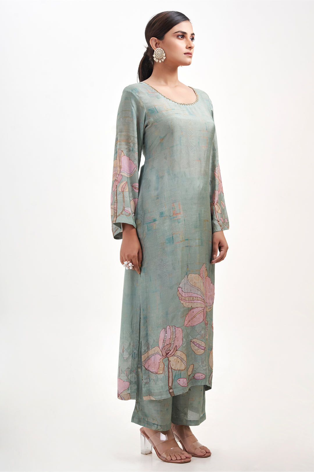 Floral Printed Kurta & Pant - Hand Embroidered - Set of 2 - Dusty Green - Muslin Silk