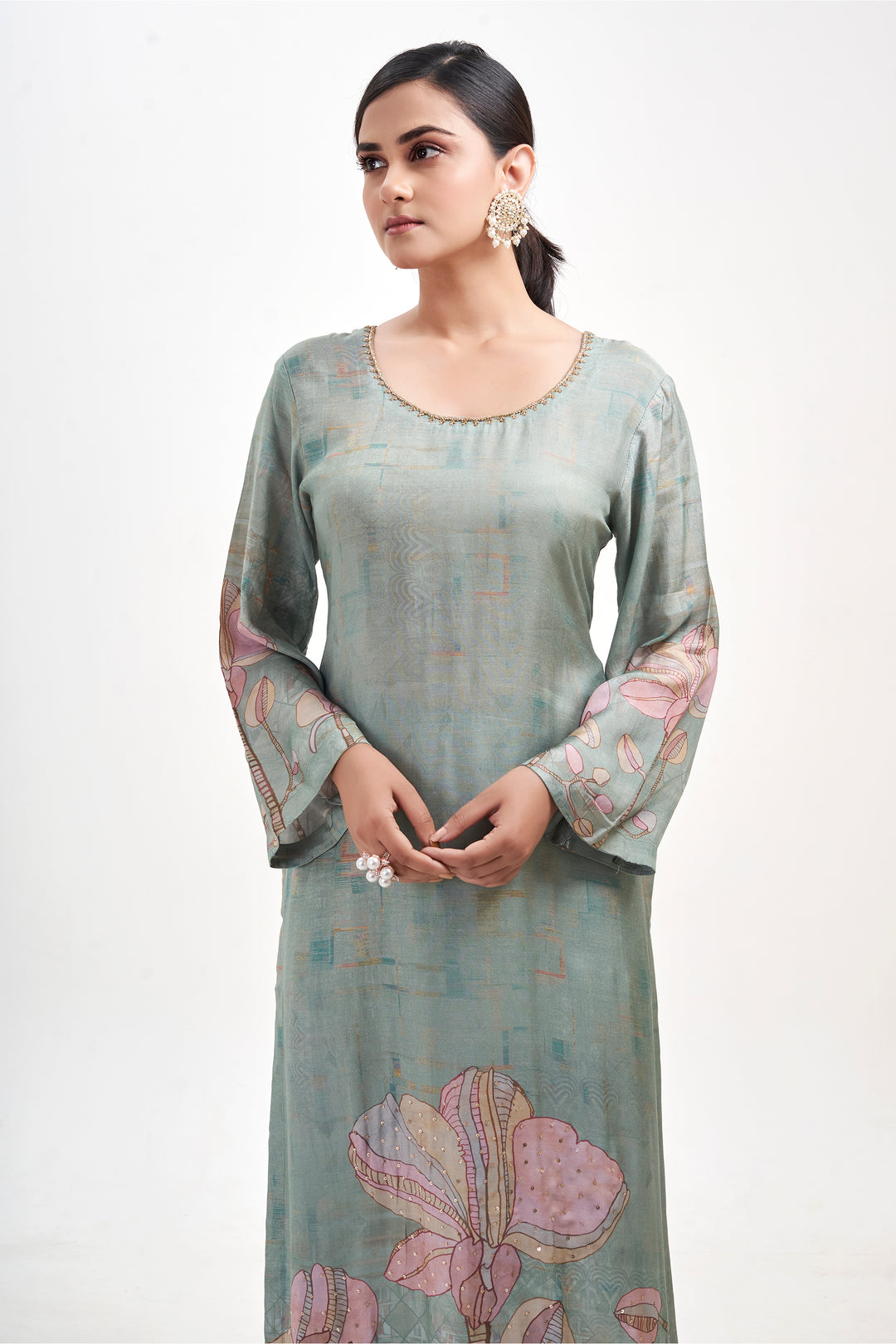 Floral Printed Kurta & Pant - Hand Embroidered - Set of 2 - Dusty Green - Muslin Silk