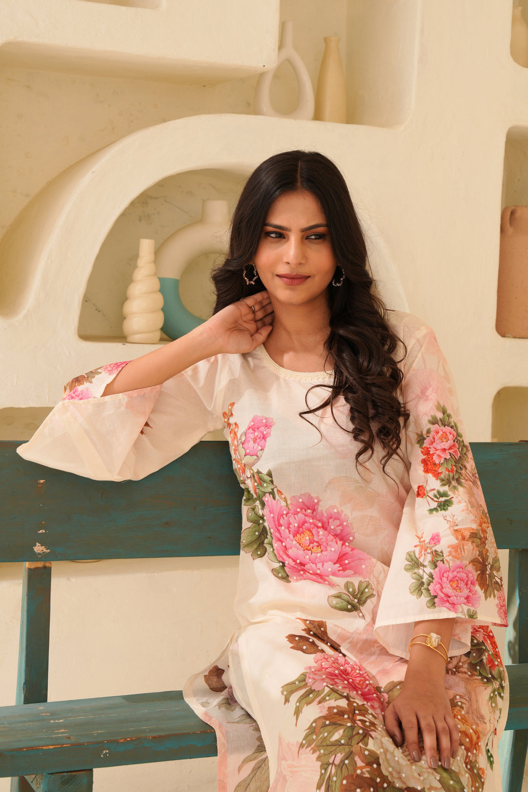 Printed Cotton Kurta & Pant - Hand Embroidered- Set of 2 - Off White