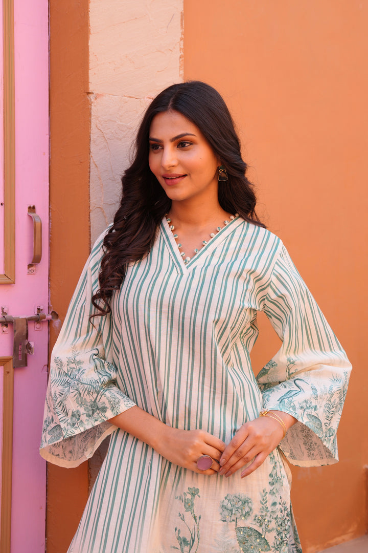 Printed Cotton Kurta & Pant - Hand Embroidered - Set of 2 - White Base