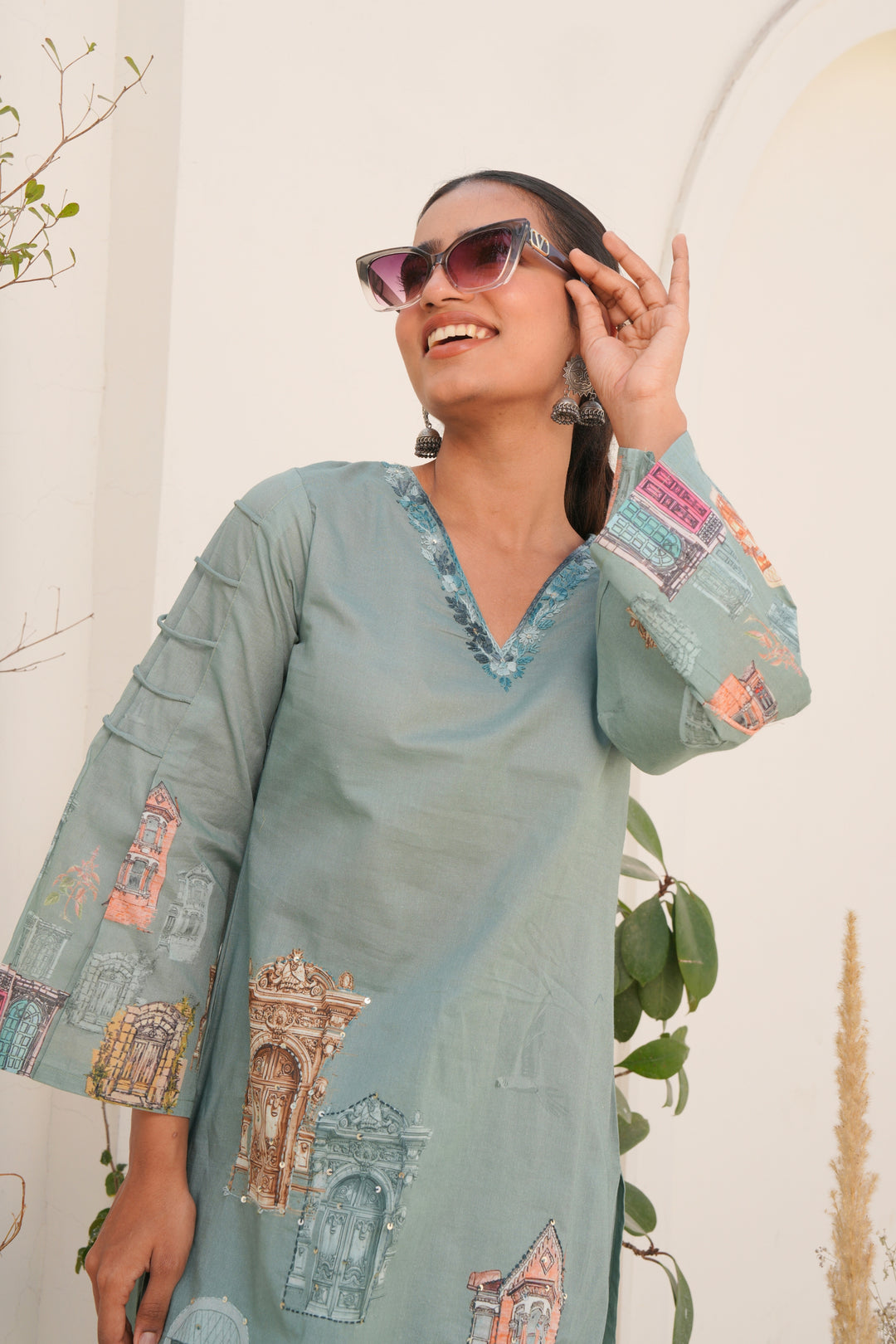 Printed Cotton Kurta & Pant - Hand Embroidered - Set of 2 - Dusty Green