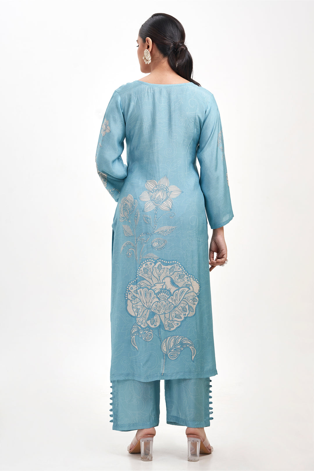 Floral Printed Kurta & Pant - Hand Embroidered - Set of 2 - Blue - Muslin Silk