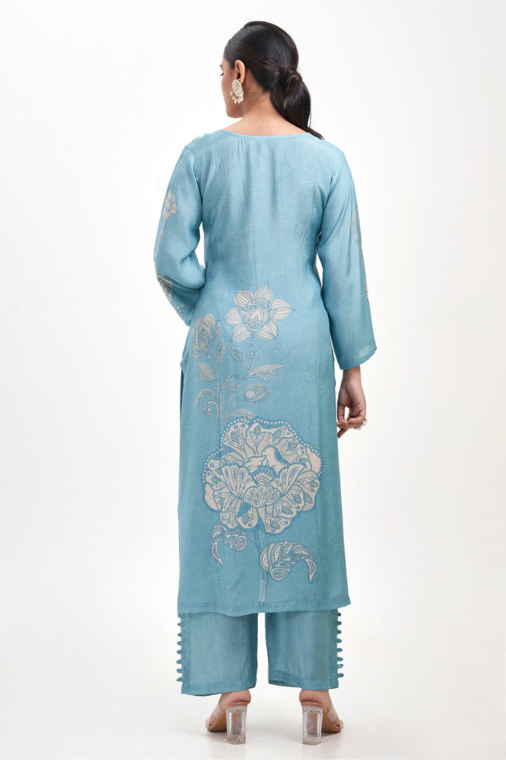 Floral Printed Kurta & Pant - Hand Embroidered - Set of 2 - Blue - Muslin Silk