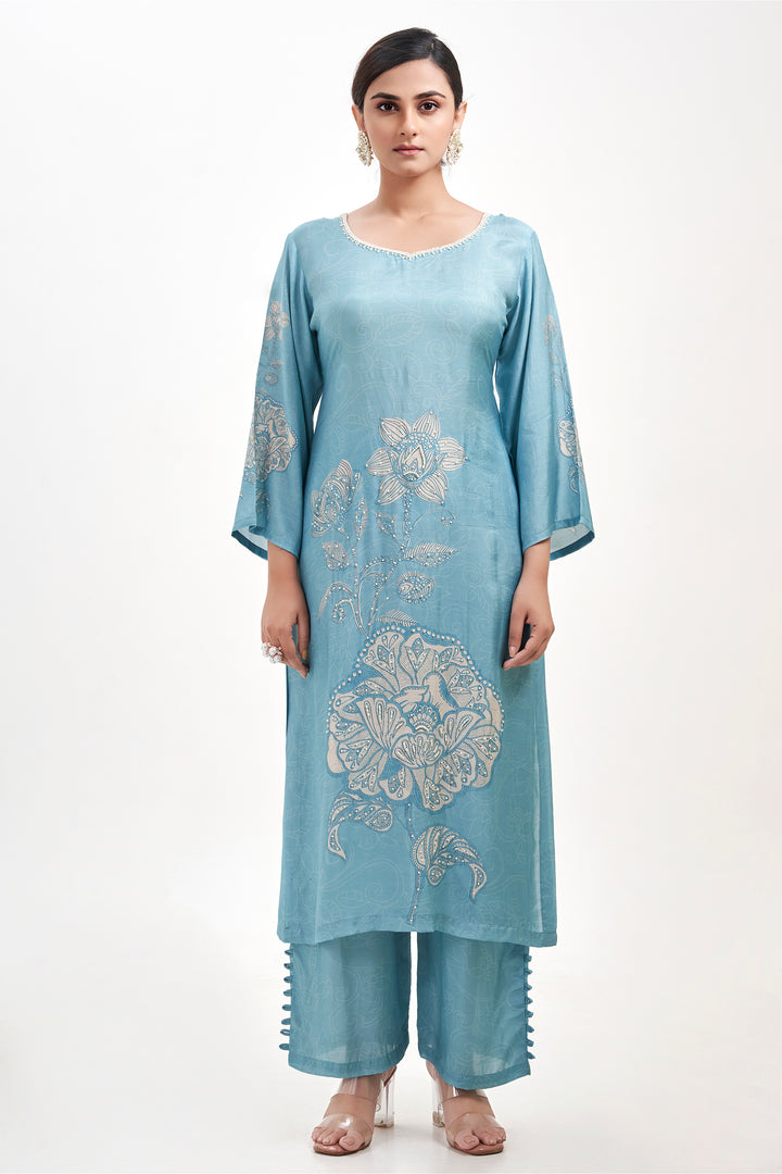 Floral Printed Kurta & Pant - Hand Embroidered - Set of 2 - Blue - Muslin Silk