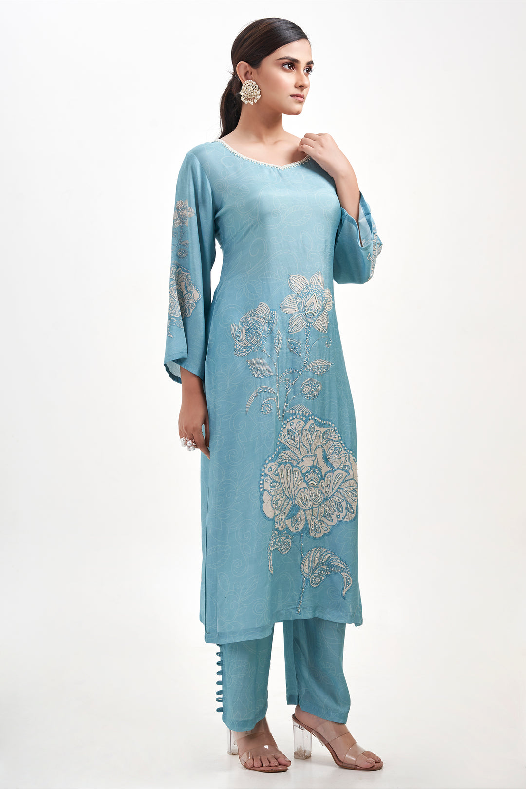 Floral Printed Kurta & Pant - Hand Embroidered - Set of 2 - Blue - Muslin Silk