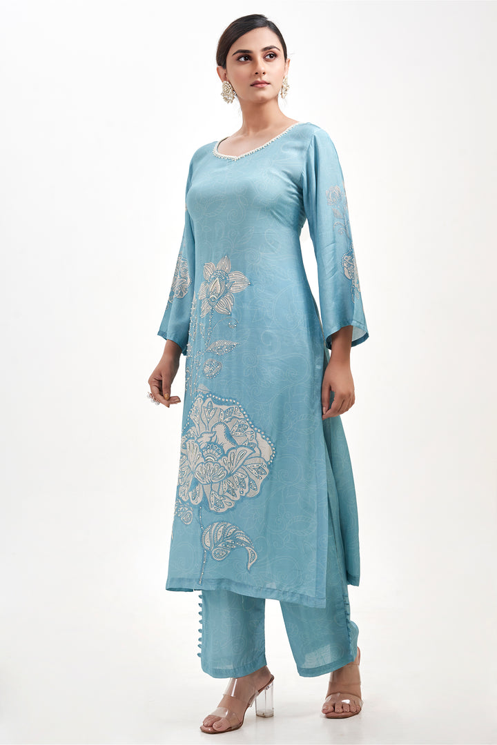 Floral Printed Kurta & Pant - Hand Embroidered - Set of 2 - Blue - Muslin Silk