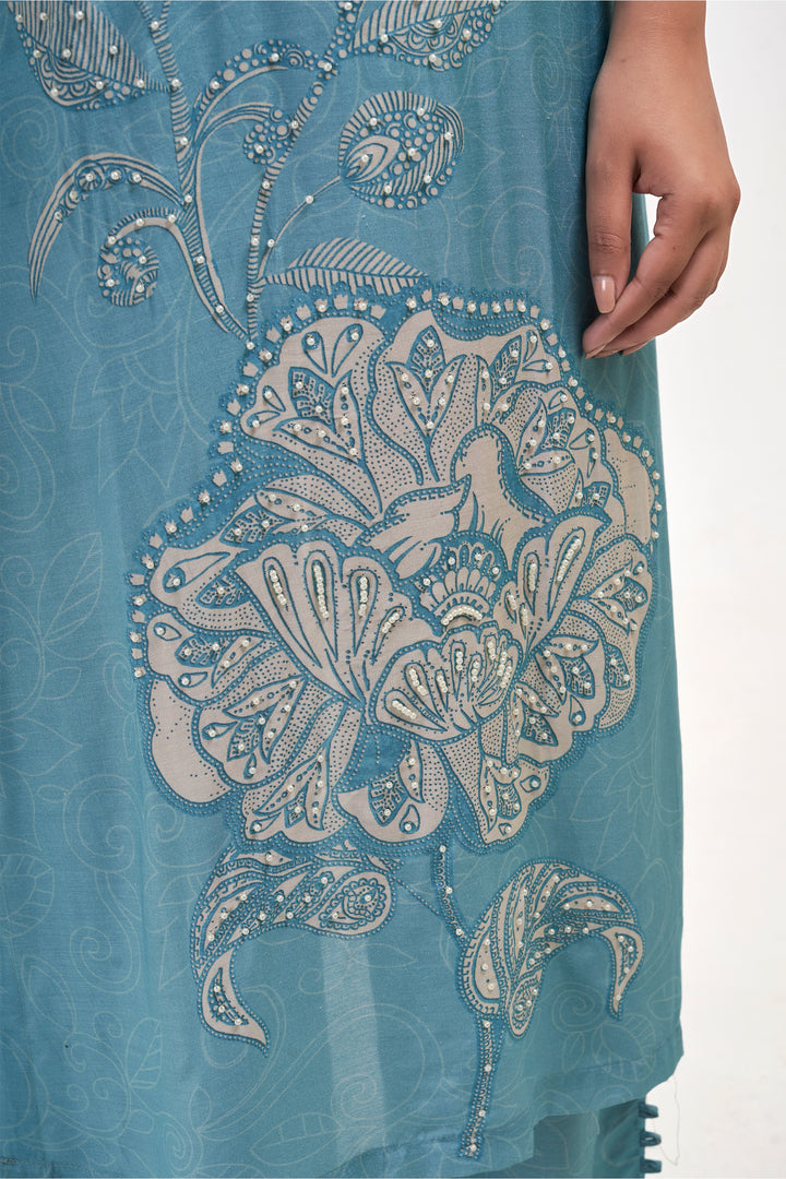 Floral Printed Kurta & Pant - Hand Embroidered - Set of 2 - Blue - Muslin Silk