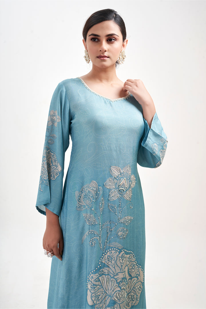 Floral Printed Kurta & Pant - Hand Embroidered - Set of 2 - Blue - Muslin Silk