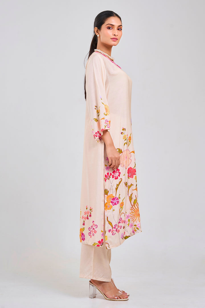 Floral Printed Kurta & Pant - Hand Embroidered - Set of 2 - Off-White - Muslin Silk