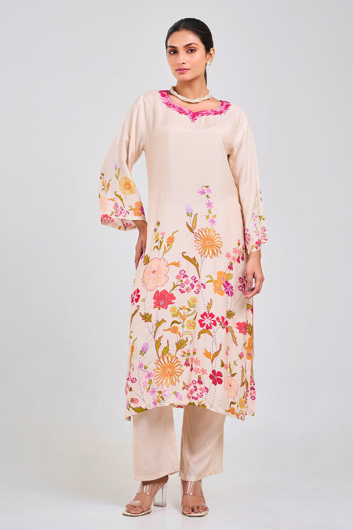 Floral Printed Kurta & Pant - Hand Embroidered - Set of 2 - Off-White - Muslin Silk