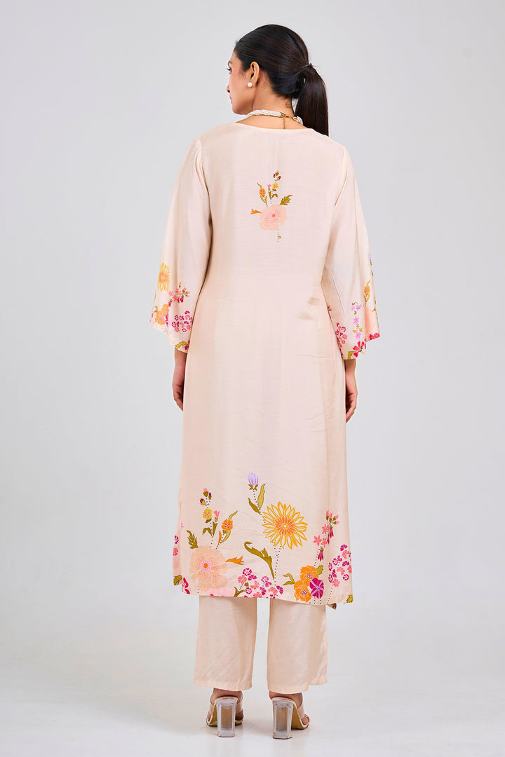 Floral Printed Kurta & Pant - Hand Embroidered - Set of 2 - Off-White - Muslin Silk
