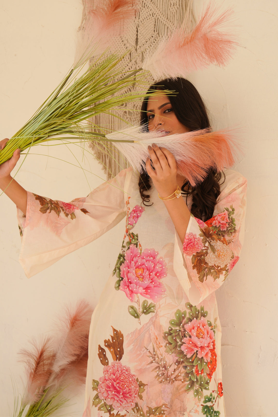 Printed Cotton Kurta & Pant - Hand Embroidered- Set of 2 - Off White