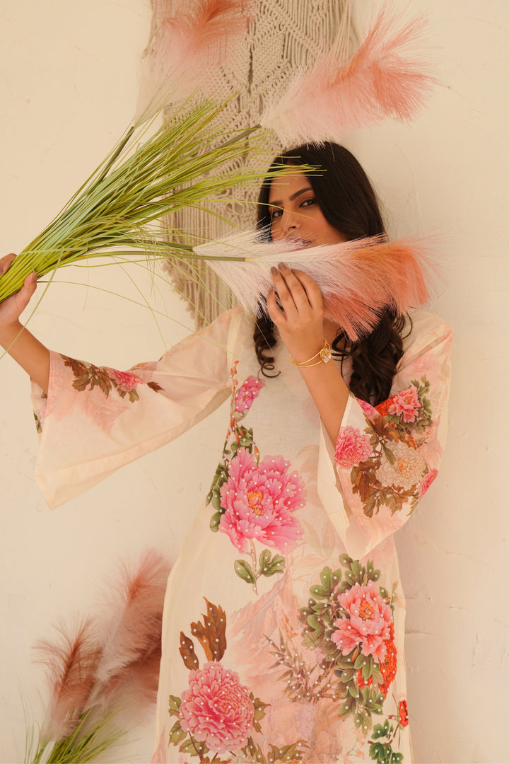 Printed Cotton Kurta & Pant - Hand Embroidered- Set of 2 - Off White