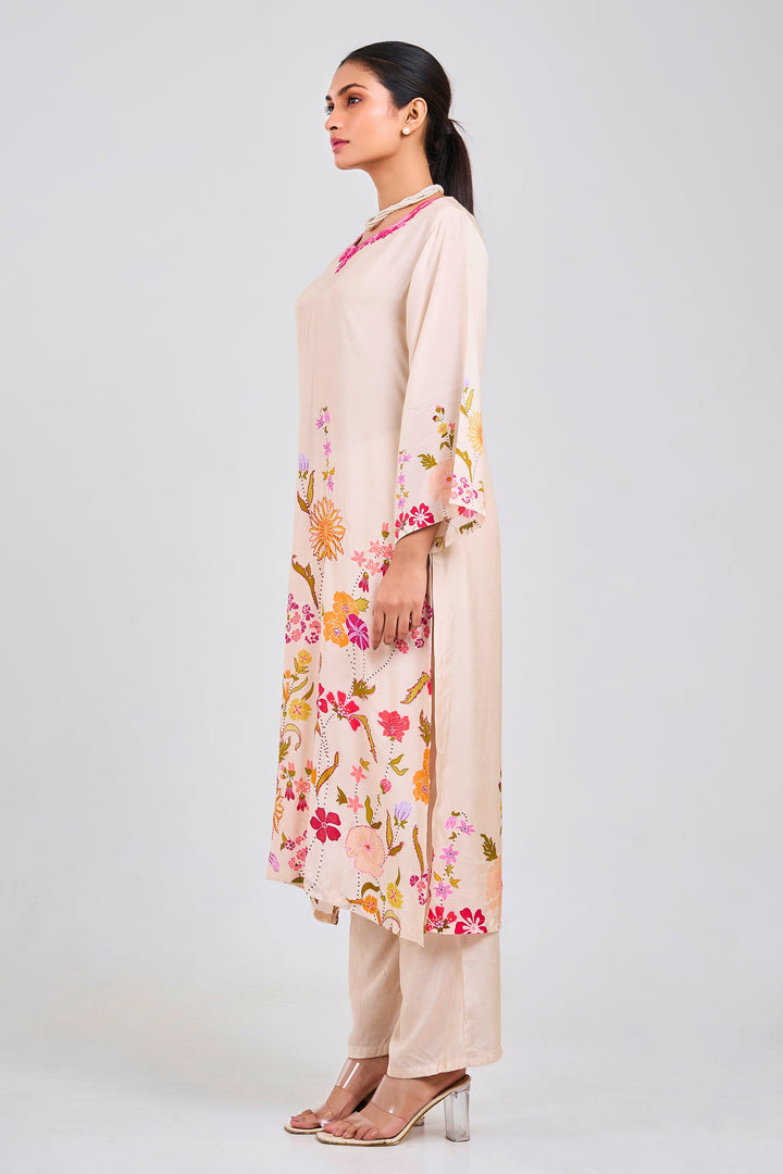 Floral Printed Kurta & Pant - Hand Embroidered - Set of 2 - Off-White - Muslin Silk