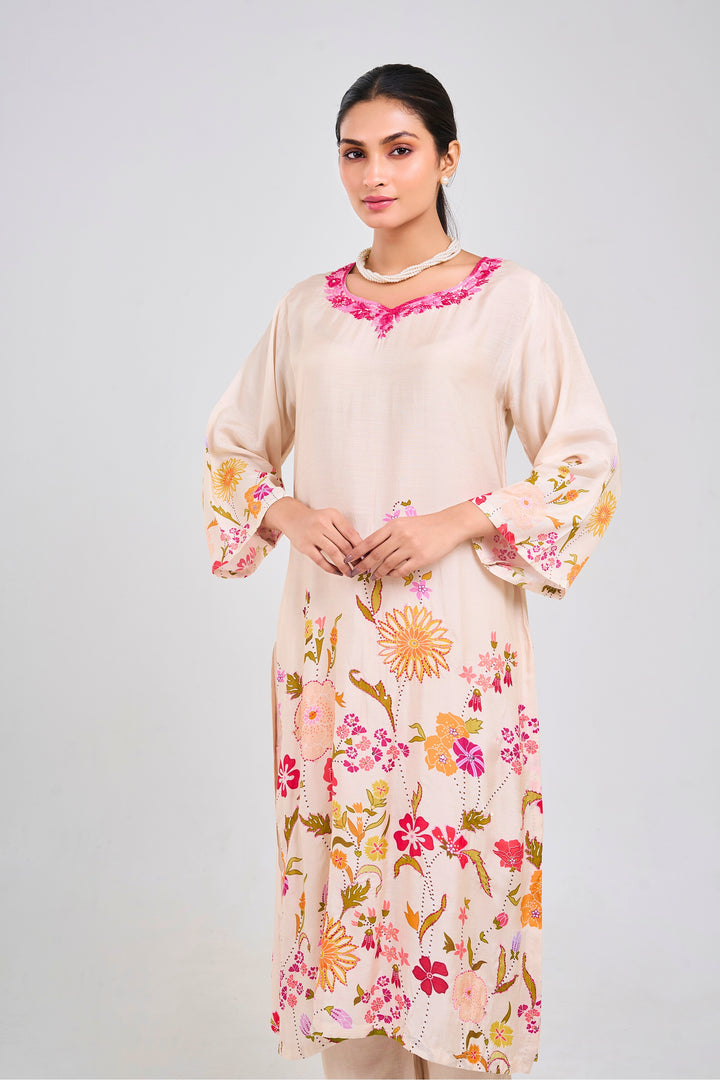 Floral Printed Kurta & Pant - Hand Embroidered - Set of 2 - Off-White - Muslin Silk