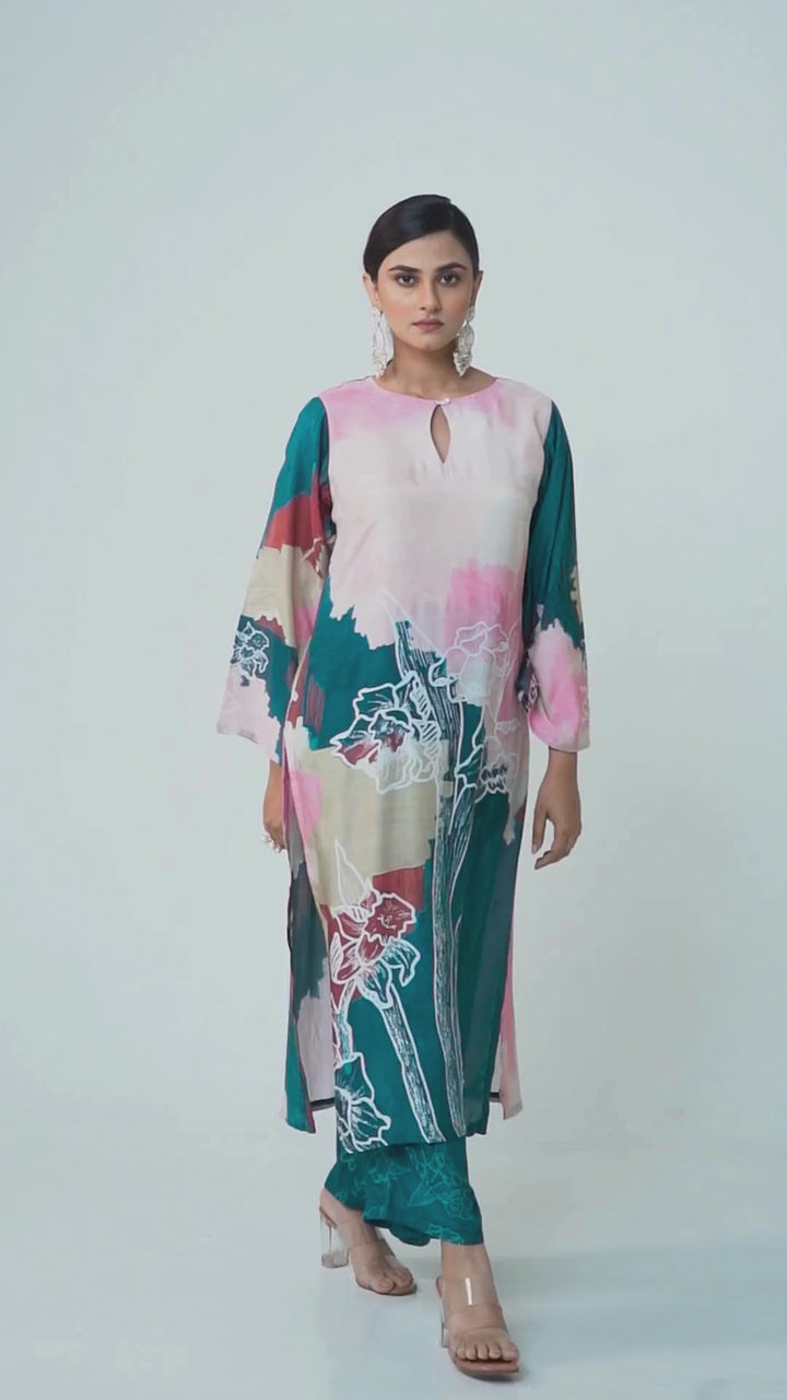 Floral Printed Kurta & Pant - Set of 2 - Blue - Muslin Silk