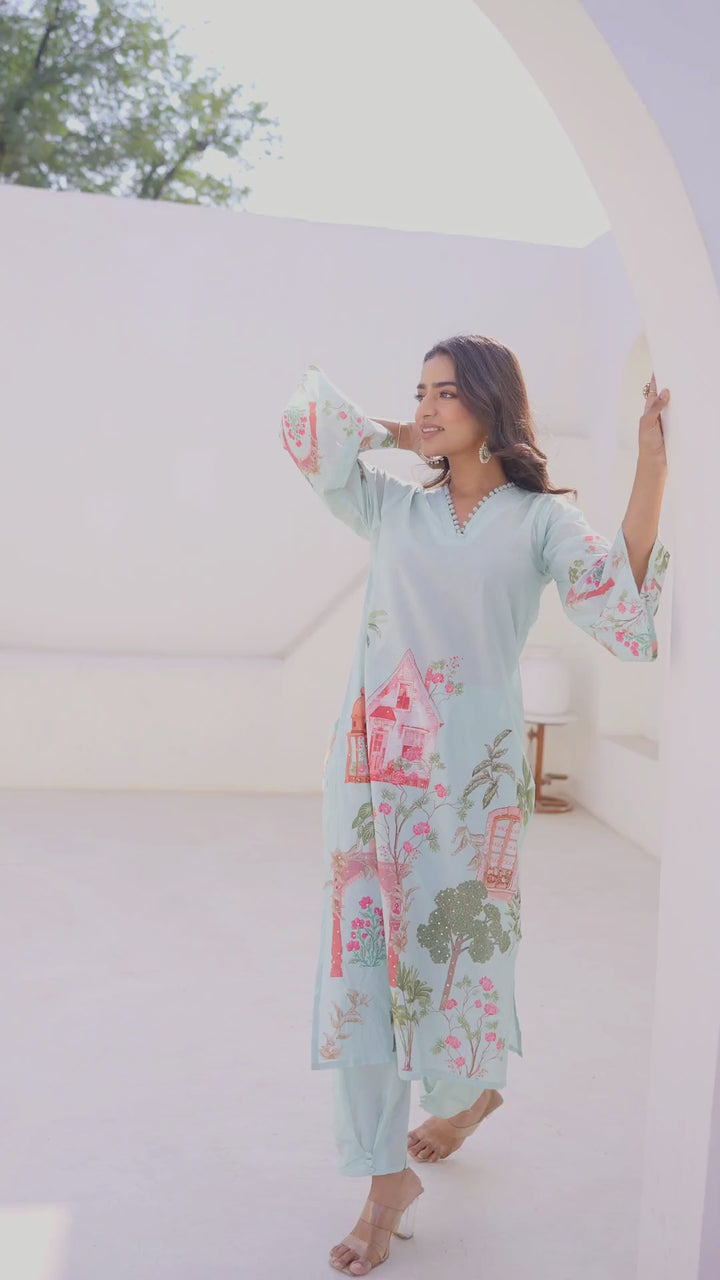 Printed Cotton Kurta & Pant - Hand Embroidered - Set of 2 - Mint Green