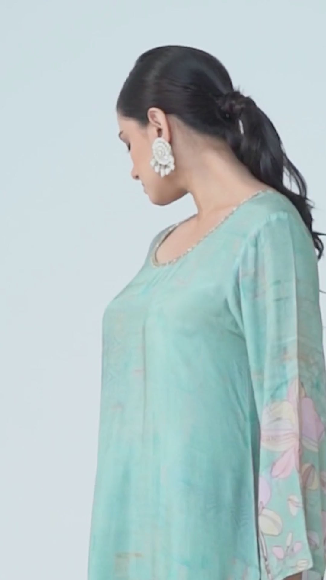 Floral Printed Kurta & Pant - Hand Embroidered - Set of 2 - Dusty Green - Muslin Silk