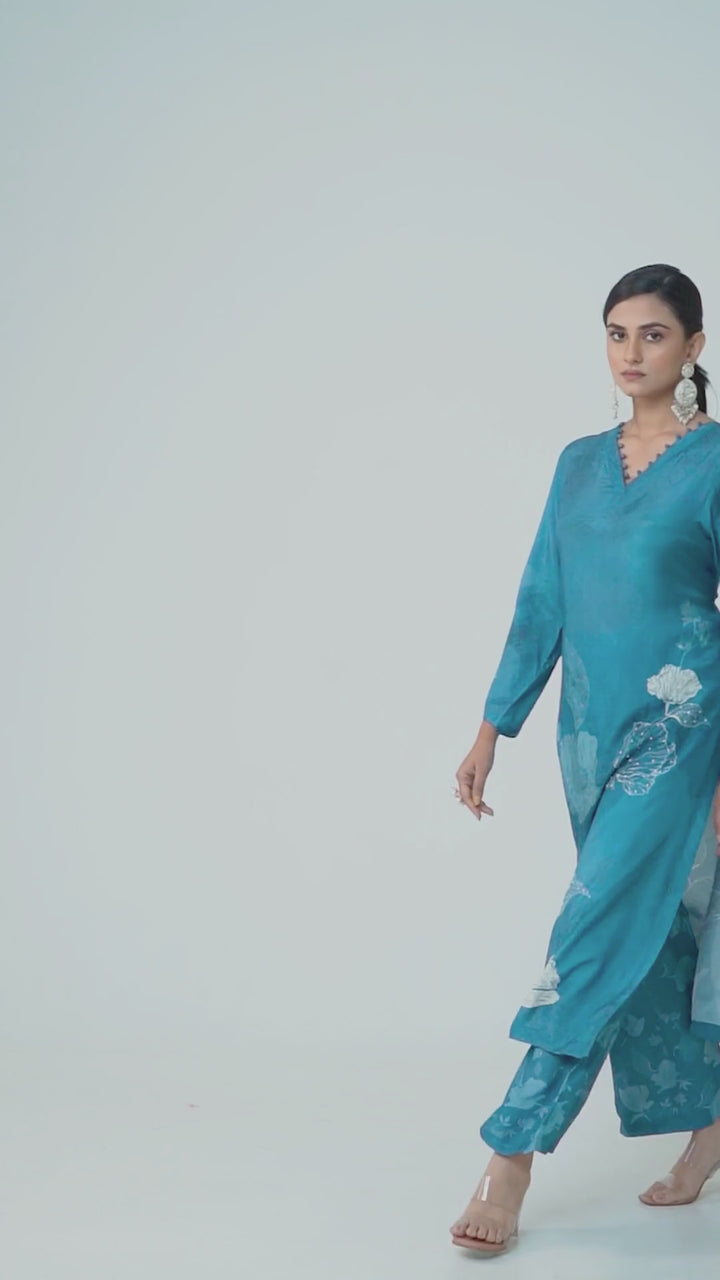 Floral Printed Kurta & Pant - Hand Embroidered - Set of 2 - Blue - Muslin Silk