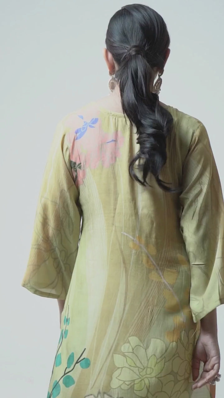 Floral Printed Kurta & Pant - Hand Embroidered - Set of 2 - Sand Brown - Muslin Silk